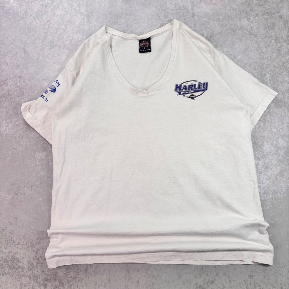 Vintage 1998 Harley Davidson T-Shirt Women's XL V-Neck Edison NJ White - Picture 1 of 9